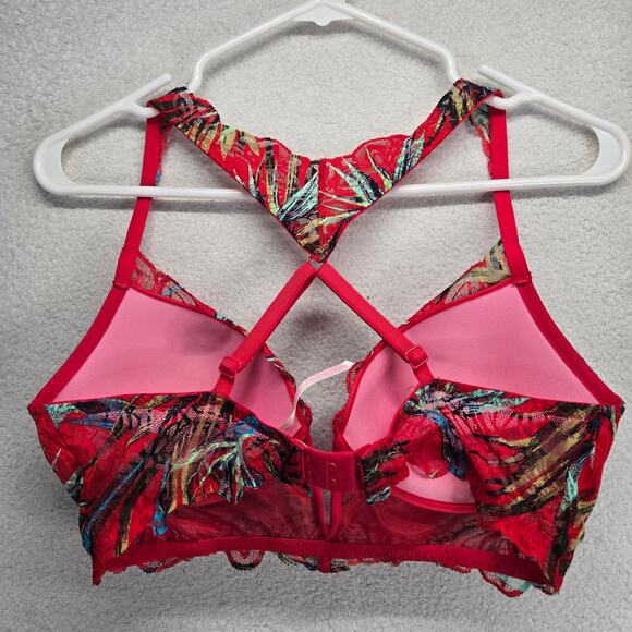 Pink Victoria's Secret Push Up Bra M Red Tropical Print Lace Date Bra - Picture 2 of 8